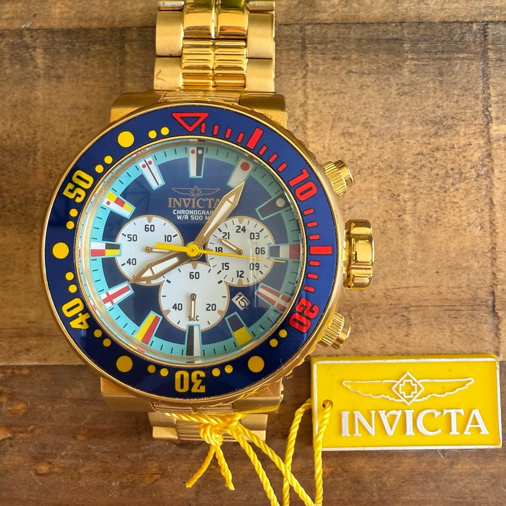 NWT Invicta Men's Gold and Blue Chronograph Pro Diver Watch